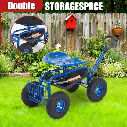 Rolling Garden Cart with Seat, Garden Workseat with 360-Degree Swivel - color: Blue