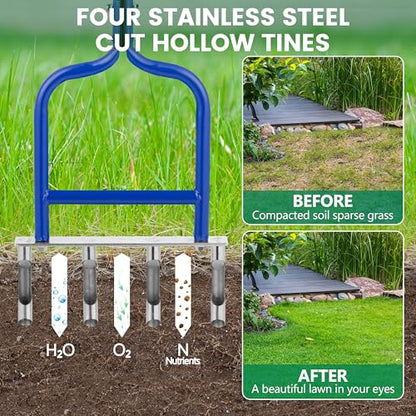 Spike Tine Fork Lawn Aerator – 4 Stainless Steel Cut Pipe Spikes Manual Gardening Hand Tool - Grass Dethatcher Aerator Lawn Tool with Solid Tines for Compacted Soil - Lawn Plugger Aerator.