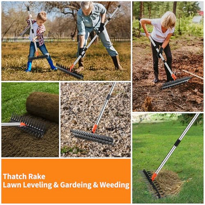 2-in-1 Thatch Rake with Dual Different Tines - Dethatcher Rake for Lawns, Versatile Lawn Rake for Thatch Removal and Soil Care, Heavy Duty Garden Rake Includes Reusable Waste Bag & Gloves