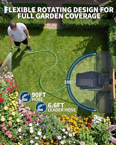 Garvee Retractable Garden Hose Reel, 5/8 IN x 90 ft Wall Mounted Heavy Duty - size: 5/8'' 90FT