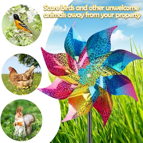 Hausse 10 Pack Reflective Pinwheels Wind Spinner (Assembly Required), Extra Sparkly Rainbow Pinwheel with Stakes, Bird Repellent Blinder Devices Scare Birds Away from Yard Patio Farm Garden, Colorful - color: Colorful