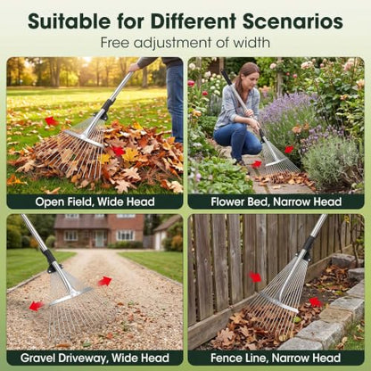 Rake for Leaves 18 Teeth, 8-17" Adjustable Width Metal Rake - size: 8"-17" Wide, 34"-66" Long