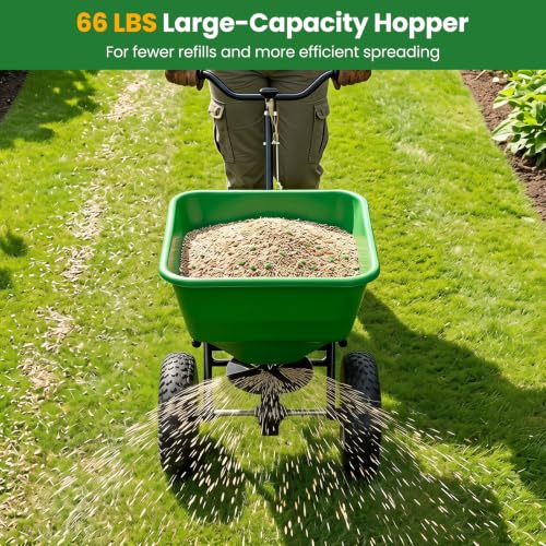 66LBS Walk-Behind Broadcast Spreader with 13" All-Terrain Pneumatic Tires, 6.5FT Spreading Width & Adjustable Flow Control, Push Fertilizer Spreader for Grass Seed, Salt & Ice Melt (Green) - color: Green