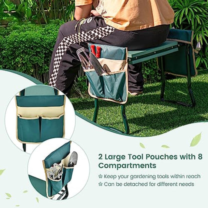 Goplus Garden Kneeler and Seat, Foldable Garden Bench for Kneeling & Sitting, Widened 8" EVA Soft Foam Pad, Heavy-Duty Garden Stool w/ 2 Large Tool Pouches, Gardening Gift for Women Men Seniors - color: Green, style: With 2 Bags