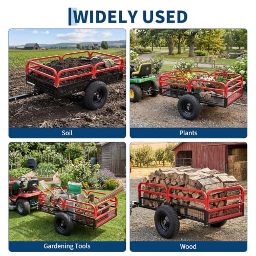 Heavy Duty Utility Trailer, 1500 LB Capacity, 15 Cu.Ft ATV Trailer Pull Behind with Removable Sides & All Terrain Tires, Lawn Tractor Dump Cart for Garden Yard, Red - color: Red