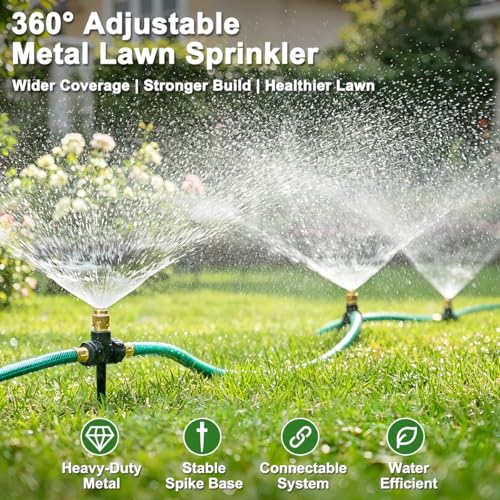 FANHAO 3-Pack Heavy-Duty Metal Lawn Sprinkler with Spike Base, 360° Adjustable Garden Water Sprinkler for Lawn Irrigation System, Large Area Coverage for Yard, Patio, Grass & Backyard