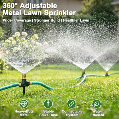 FANHAO 3-Pack Heavy-Duty Metal Lawn Sprinkler with Spike Base, 360° Adjustable Garden Water Sprinkler for Lawn Irrigation System, Large Area Coverage for Yard, Patio, Grass & Backyard