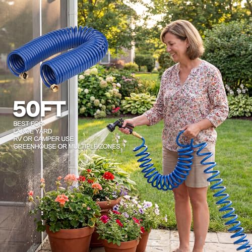 50FT Blue EVA Coil Garden Hose with Metal Fittings - color: Blue, size: 50 Feet