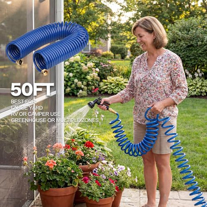 50FT Blue EVA Coil Garden Hose with Metal Fittings - color: Blue, size: 50 Feet
