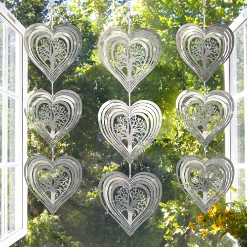 Phuryllic Wind Spinners Outdoor, Garden Decor Valentine, Bird Deterrents for Outside, 3D Metal Yard Decorations for Patio & Porch, Gardening Gifts for Women & Moms Valentine - 9pcs Heart Tree of Life - color: 9pcs Silver Heart Tree