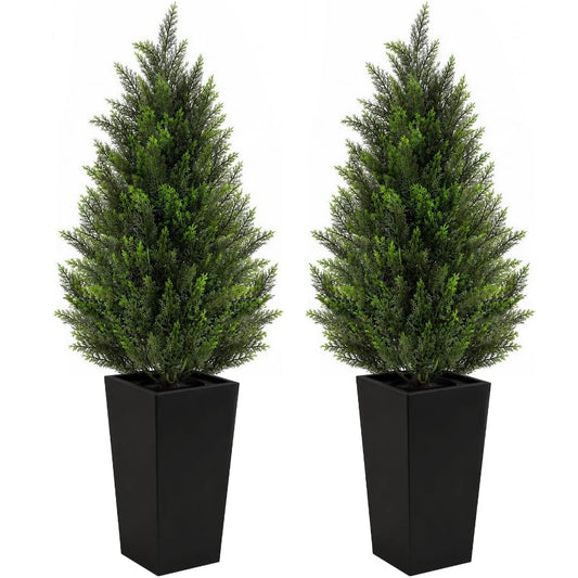 VIVATREES 4FT Artificial Cedar Topiary Trees 2 Pack, Realistic Faux Cypress Trees with Square Black Planter Pot, UV Resistant Outdoor Evergreen Plants for Front Porch Patio Garden Home Decor - size: 4ft