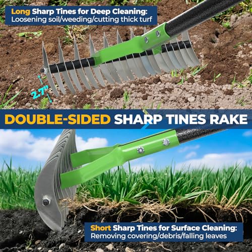 Garden Rake 51" – Dual-Sided Shrub Rake with 13" Sharp Metal Tines, Lightweight Multi-Purpose Yard Tool, Reversible Head for Lawn, Soil, Shrub, Mulch & Leaf Cleanup