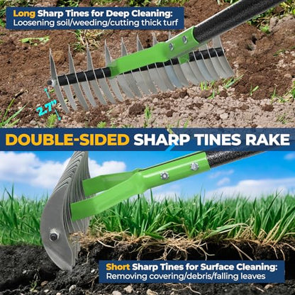 Garden Rake 51" – Dual-Sided Shrub Rake with 13" Sharp Metal Tines, Lightweight Multi-Purpose Yard Tool, Reversible Head for Lawn, Soil, Shrub, Mulch & Leaf Cleanup