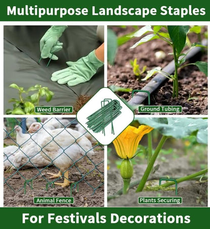 10Pcs Garden Staples Landscape Stakes Ground Pins, Lawn Staples Weed Fabric Staple, Steel Sod Anchor Securing Pegs for Securing Fabric (Green, 10x4cm) - color: Green