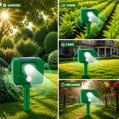 2 Pack Solar Ultrasonic Animal Repellent,Cat Repellent Outdoor Frequency Adjustable Rabbit Squirrel Deer Repellent Devices Raccoon Fox Skunk with Motion Detection & LED Light for Yard Farm Garden
