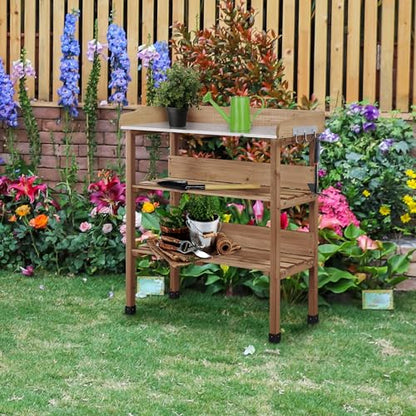 Topeakmart Potting Bench, Metal Top Garden Table for Outdoors,Brown - color: Brown