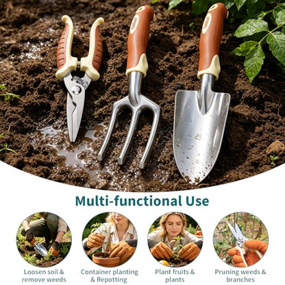 Brown Garden Tool Set 4-Piece, Trowel, Fork, Pruning Shear&Gloves - color: brown-4pcs