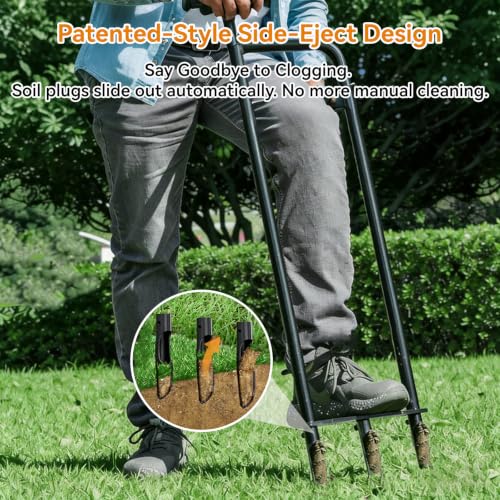 Manual Lawn Aerator Tool, Heavy Duty Core Aerator with Side-Eject Hollow Tines, 3-Tine Soil Plugger for Compacted Clay Soil, High-Strength Alloy Steel Yard Grass Aeration Hand Tool
