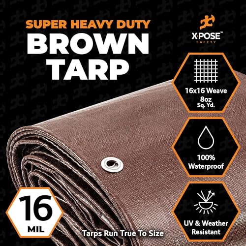 Xpose Safety Super Heavy-Duty 6' x 20' Brown Poly Tarp Bulk (5-Pack) - 16 Mil Waterproof & UV Resistant, Rip-Proof with Reinforced Edges & Grommets - color: Brown, size: 6' X 20' (5-Pack)
