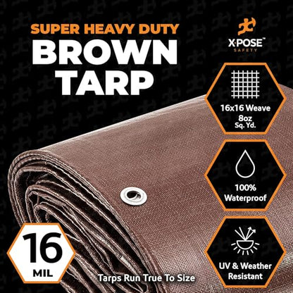 6' x 8' Super Heavy Duty 16 Mil Brown Poly Tarp Cover - Thick Waterproof, UV Resistant, Rip and Tear Proof Tarpaulin with Grommets and Reinforced Edges - by Xpose Safety - color: Brown, size: 6' X 8'