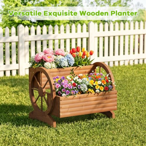 Wood Wagon Planter for outdoor Plants Cute Garden Flower Pots Cart Porch, L - color: Brown-large