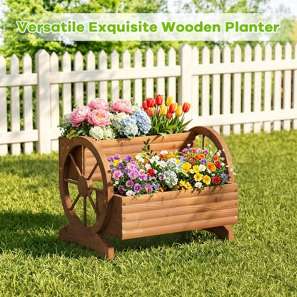 Wood Wagon Planter for outdoor Plants Cute Garden Flower Pots Cart Porch, L - color: Brown-large