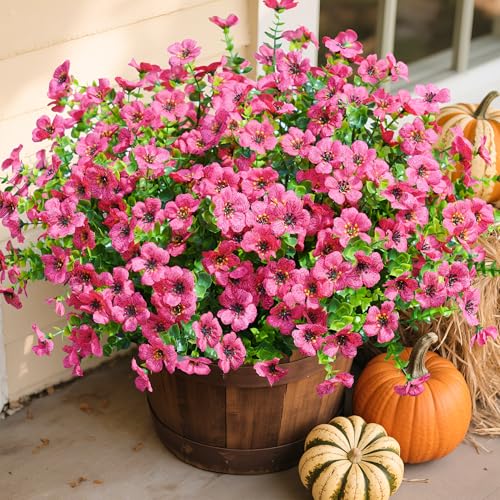Daisy Artificial Flowers for Outdoors Decor, 12 Bundles Faux Daisy with Eucalyptus Fake Plants Greenery UV Resistant Look Real Colorful Faux Flowers for Outside Planter Porch Patio Gardens, Hotpink - color: Hot Pink