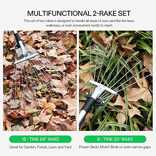 VIVOSUN 2-Piece Leaf Rake Set - Adjustable Garden/Camping Rake with 15/9 Tines, Collapsing Tines & Telescopic Handle (64'' & 30'') - style: 64'' & 30'' Leaf Rake Set