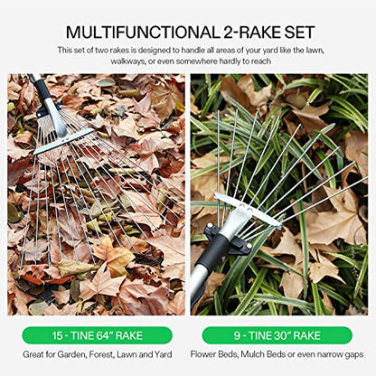 VIVOSUN 2-Piece Leaf Rake Set - Adjustable Garden/Camping Rake with 15/9 Tines, Collapsing Tines & Telescopic Handle (64'' & 30'') - style: 64'' & 30'' Leaf Rake Set