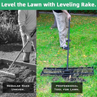 Lawn Leveling Rake Soil Leveler - 36 x10 Inch Stainless Steel Yard Lawn Leveling Tool 6.5FT Handle, Heavy Duty Professional Grade Tool for Dirt Sand Grass Soil for Garden Golf Course Backyard Black