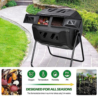 Nova Microdermabrasion 43 Gallon Compost Tumbler Bin Composter Dual Chamber BPA Free Compost Bin Outdoor Rotating Garden Yard Waste Bins - color: Black