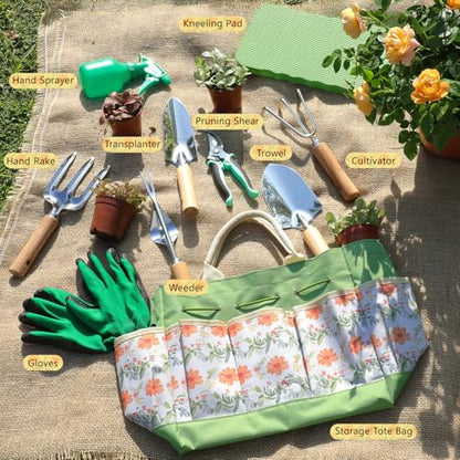 LeMotech Gardening Tools, 10-Piece Heavy Duty Garden Hand Tools Set with Wooden Handle, Durable Fashion Organizer Bag for Garden Supplies, Gardening Gifts for Women Grandmother, Yellow Floral Pattern - style: Yellow Floral Garden Bag