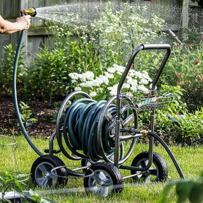 Backyard Expressions Metal Hose Reel Cart with Wheels - Heavy Duty Hose Caddie - 250 Ft Hose Capacity - Hammertone Finish - style: 2023 4 Wheel