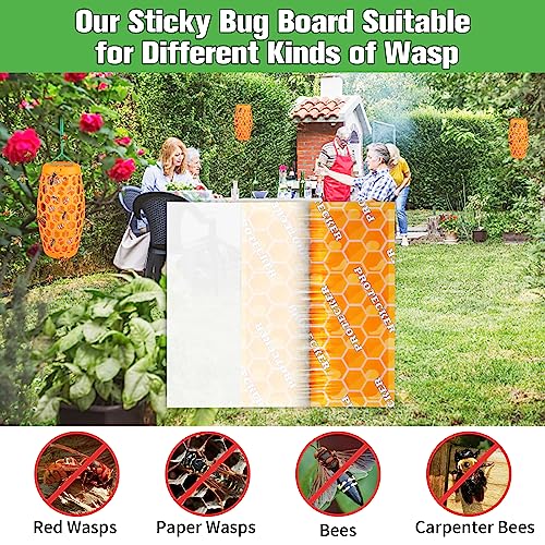 Wasp Trap & Sticky Pads Bundle – 2 Pack Hanging Wasp Trap with 12 Refill Glue Boards for Outdoor Use (Orange)
