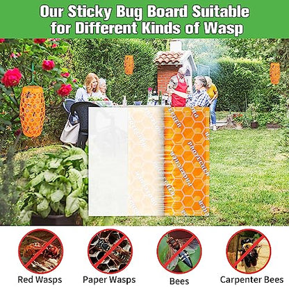 Wasp Trap & Sticky Pads Bundle – 2 Pack Hanging Wasp Trap with 12 Refill Glue Boards for Outdoor Use (Orange)