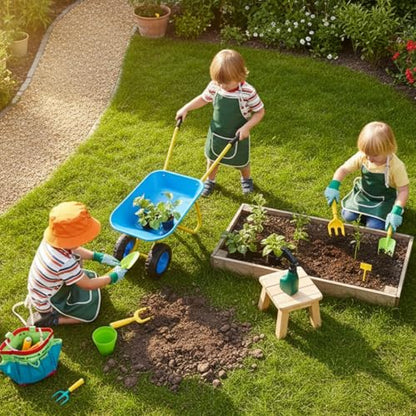 Kids Metal Wheelbarrow Outdoor Toys with 12 PCS Gardening Tool(Blue Set) - color: Blue Set