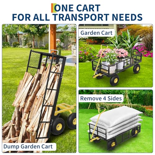 Garvee 900 lbs Steel Garden Dump Cart with Removable Sides, Convert to Flatbed, Heavy Duty Yard Cart with 180°Rotating Handle & 10" All Terrain Wheels, Utility Dump Wagon for Lawn Farm Backyard - color: Black