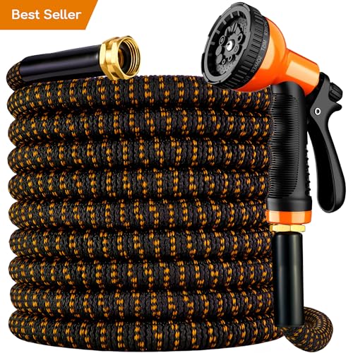 Expandable Garden Hose 50 ft with 10 Function Spray Nozzle, Flexible, Kink Free, Leak-Proof, Ultra Lightweight Retractable Stretch Water Hose 50ft for Yard, Lawn, Car Wash and Outdoor, Black Orange