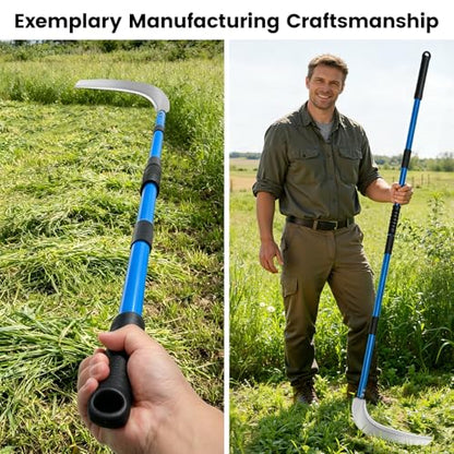 12.6'' Scythe Tool for Grass Cutting, 4 Stainless Steel Poles, Adjustable Dual-Hand Grip, Professional-Grade Blade, for Clearing Bushes, Vines, Fields, Ditches, Paths, Landscaping, Blue, 67in. - size: 12.6'' Scythe with 4 Poles