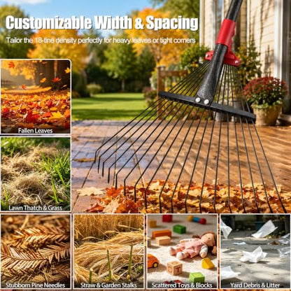 76Inch Adjustable Metal Leaf Rake, 18 Metal Tines Heavy Duty Leaves Rake for Lawns with 8-18" Expandable Head Long Handle Garden Rakes for Leaves Yard Gardening Grass Outdoor Camping Debris - size: 76 inch