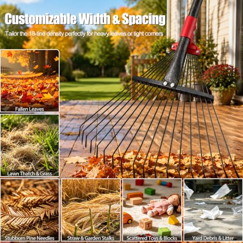 Adjustable Metal Leaf Rake for Leaves, 60 Inch Long Handle Yard Rake with 18 Metal Tines & 8-18" Expandable Head, Lightweight Garden Rake for Lawns, Grass Clippings, Pine Needles - size: 61 inch
