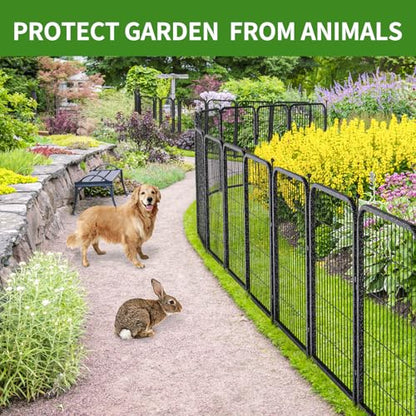 Decorative Garden Metal Fence 18ft (L)×45in (H) with 7 Panels 1Gate Outdoor, No Dig Rustproof Wire, Animal Barrier Fencing for Outdoor Yard Patio Flower Bed,（Black-Silver） - size: 45in(H)x18ft(L)