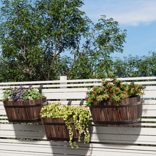 2-Pack Wooden Railing Planters, 13.2 inch Hanging Flower Pots with Detachable Hooks for Balcony, Fence, Deck, Garden, Country Home Decor -Carbonized - color: Carbonized-2pcs, size: Large