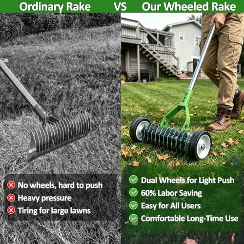 Thatch Rake for Lawns with Wheels, 15 inch Dethatching Rakes for Lawns Heavy Duty with 67" Adjustable Stainless Steel Handle for Dead Grass, Lawn Care, Garden, Yard - color: Orange