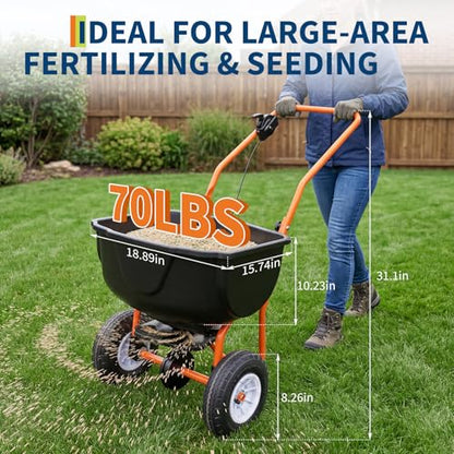 GarveeLife Walk Behind Lawn Spreader, 70 LB Fertilizer Spreader, Push Broadcast Spreaders with 8" All-Terrain Tires, 0–10FT Spreading Width, for Lawn Care & Seed Spreading