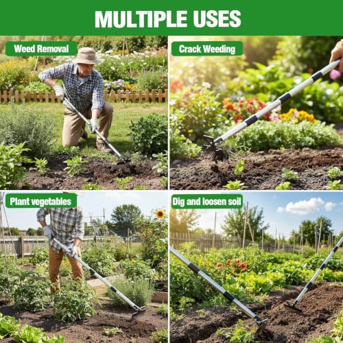 Weed Puller Tool, 2-in-1 Garden Hoe and Weed Rake, 60 Inch Adjustable Long Handle Stainless Steel Heavy Duty Weeding Tools, Manual Weeder Remover Gardening Uprooting Tool for Yard, Lawn and Patio