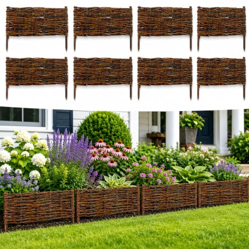 8 Pack Handwoven Willow Garden Fence Edging Panels for Outdoor Landscape
