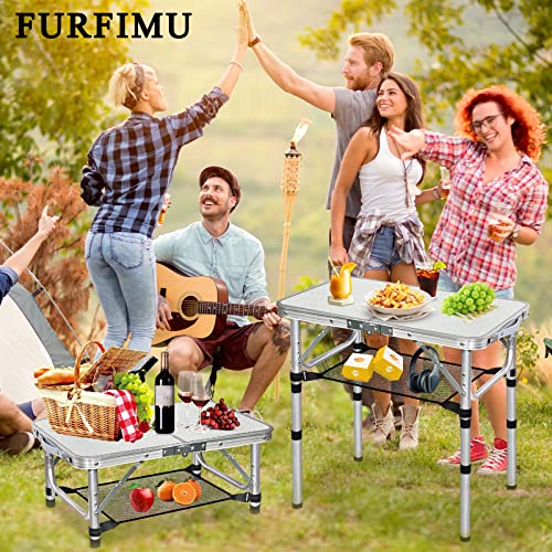 Small Folding Table with Storage Net, 24" x 16" Portable Foldable Camping Table with 3 Adjustable Height, White Metal Table for Beach, Patio, BBQ