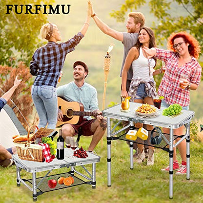 Small Folding Table with Storage Net, 24" x 16" Portable Foldable Camping Table with 3 Adjustable Height, White Metal Table for Beach, Patio, BBQ