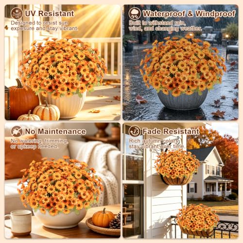 Fake Mums Artificial Fall Flowers for Outdoors Silk Daisy Bulk - color: Orange